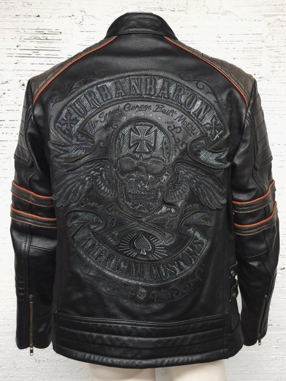 Urban Baron American Customs XXL Black Leather Embossed Skull Motorcycle Jacket